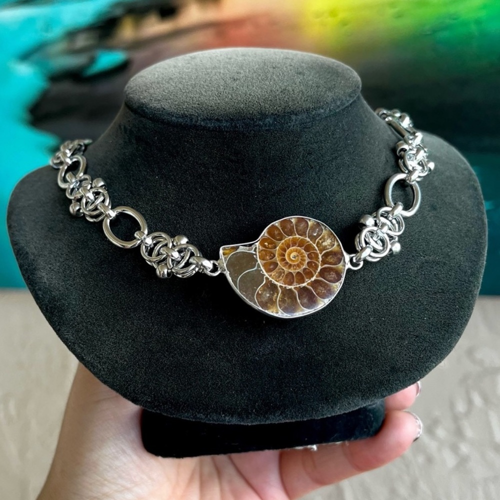 Made to order . Genuine ammonite fossil shell stainless steel maille choker